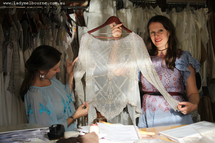 Visiting Gwendolynne's atilier and with the designer herself back in April, when the dress was still being made.