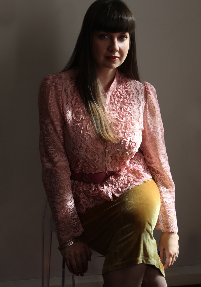 Lady Melbourne wearing pink lace blouse with gold velvet skirt