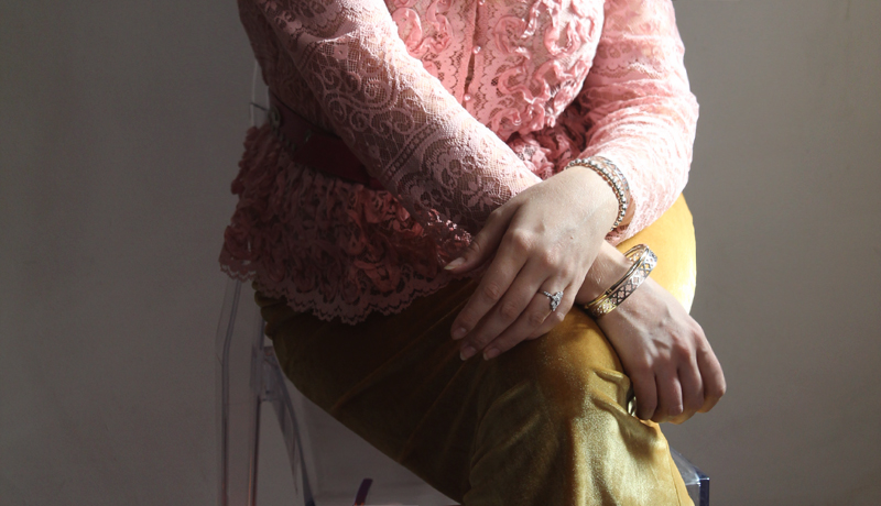 Lady Melbourne wearing pink lace blouse with gold velvet skirt