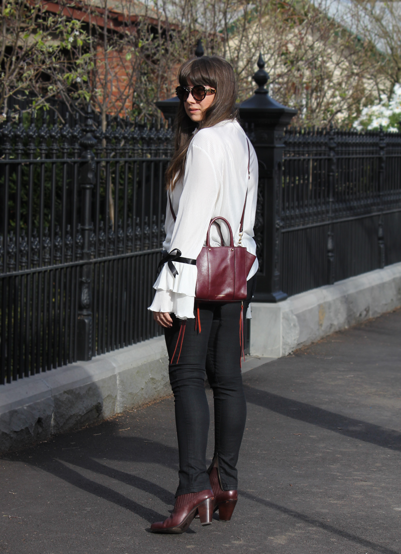 StFrock 'Alba' top, Lee wet look jeans, Rebecca Minkoff bag, Ash leather boots