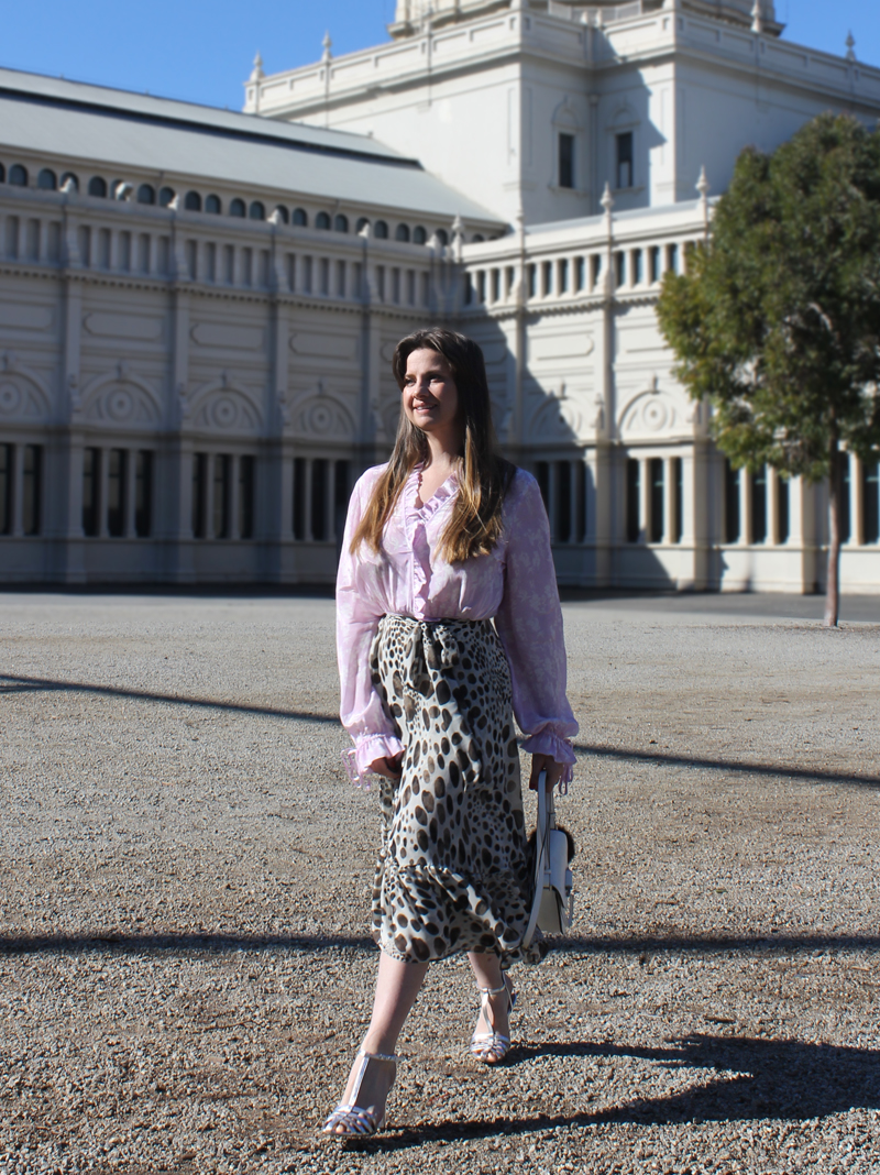 Lady Melbourne wearing Preen Line silk blouse and leopard skirt