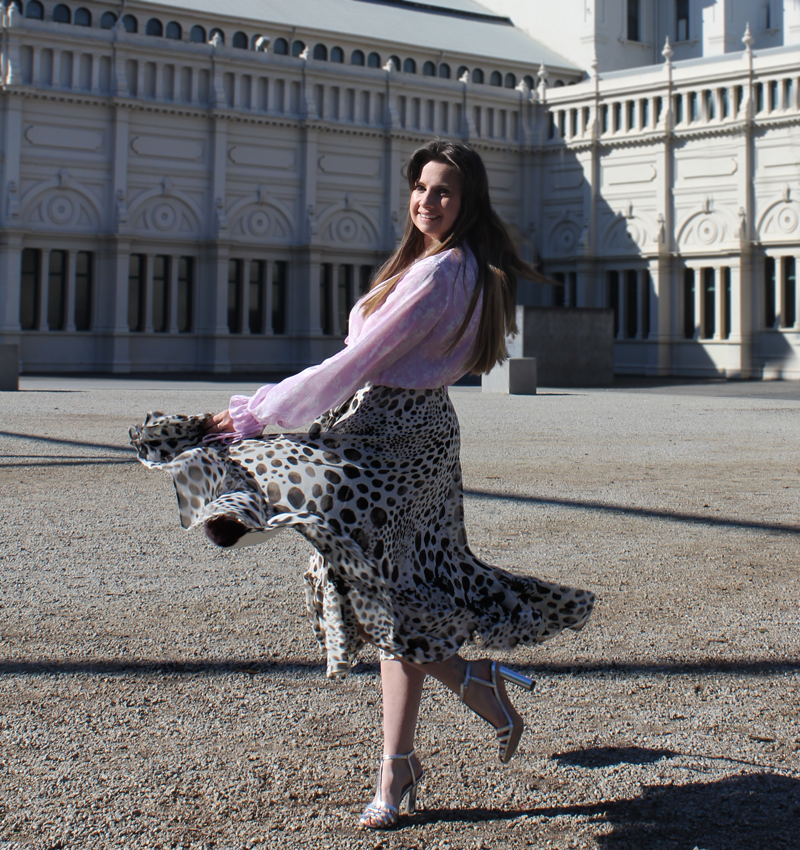 Lady Melbourne wearing Preen Line silk blouse and leopard skirt