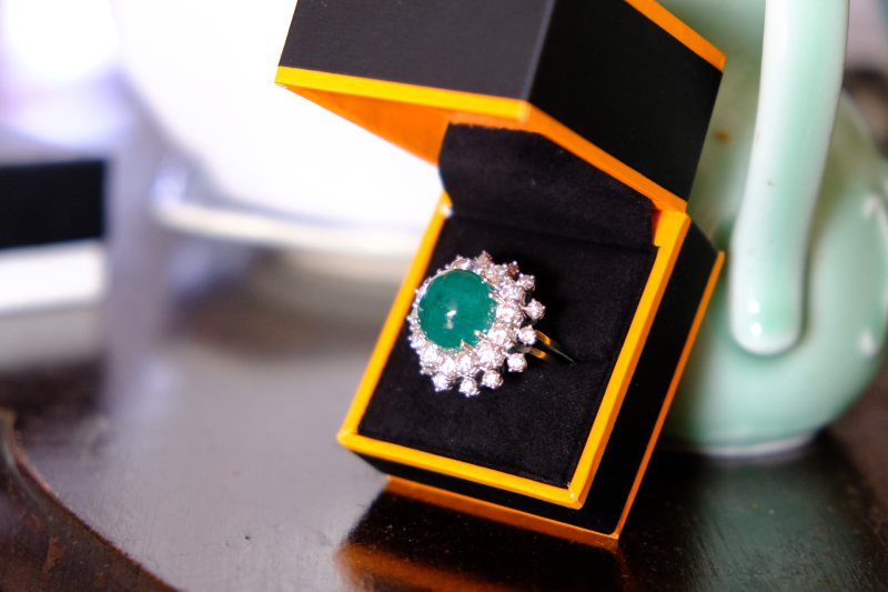 Emerald cabouchon and diamond ring from Keshett Jewelers