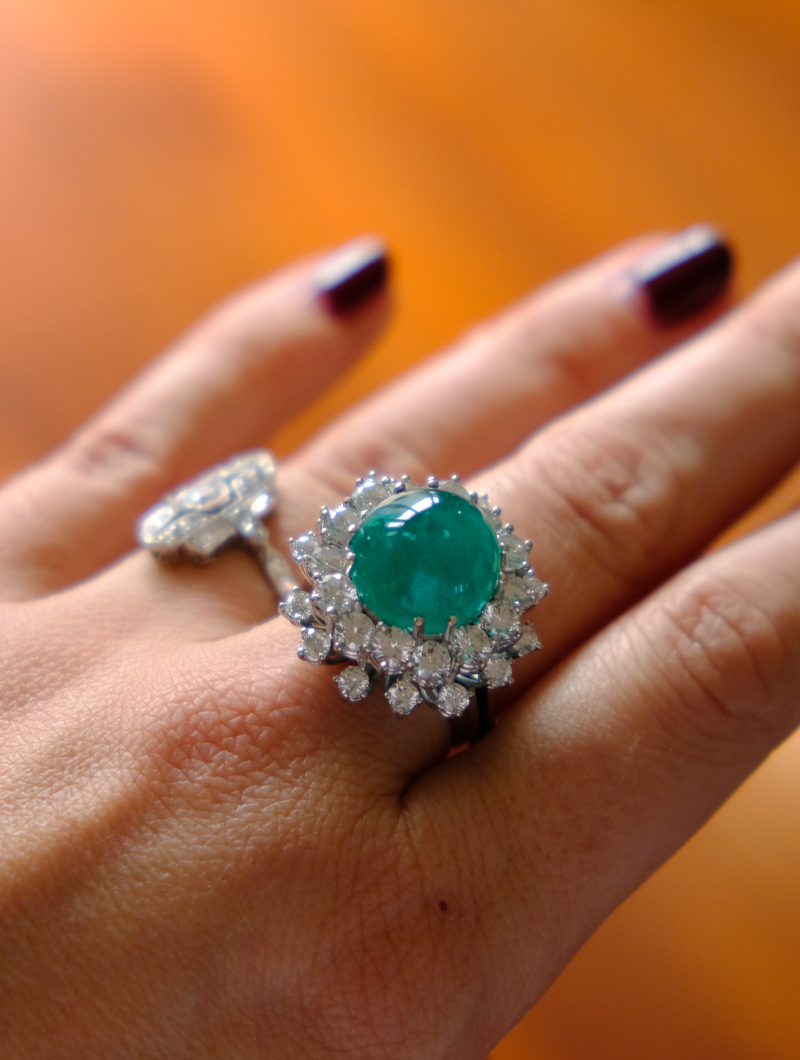 Emerald cabouchon and diamond ring from Keshett Jewelers