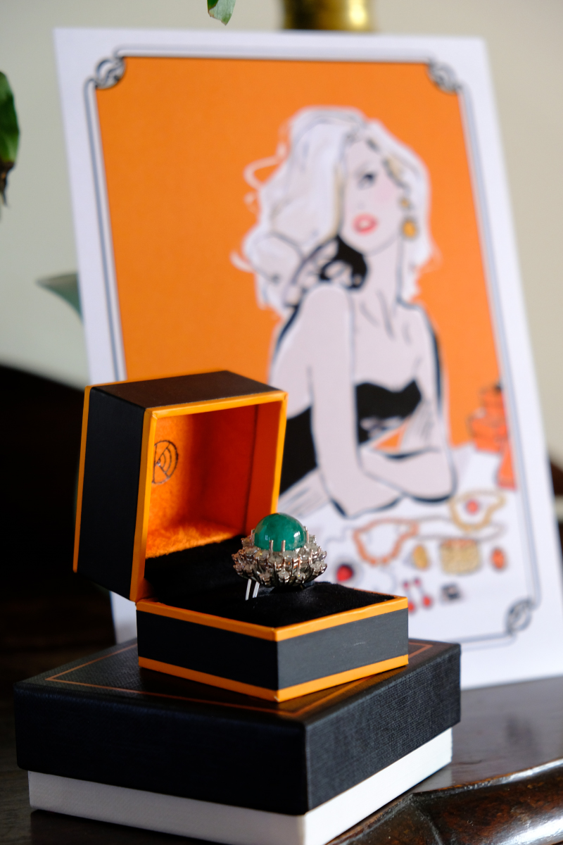 Emerald cabouchon and diamond ring from Keshett Jewelers