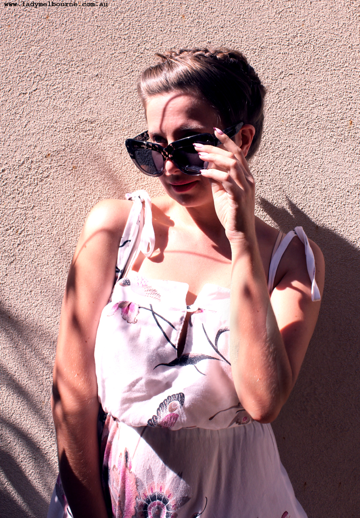 Lady Melbourne wearing House of Harlow sunglasses and vintage dress