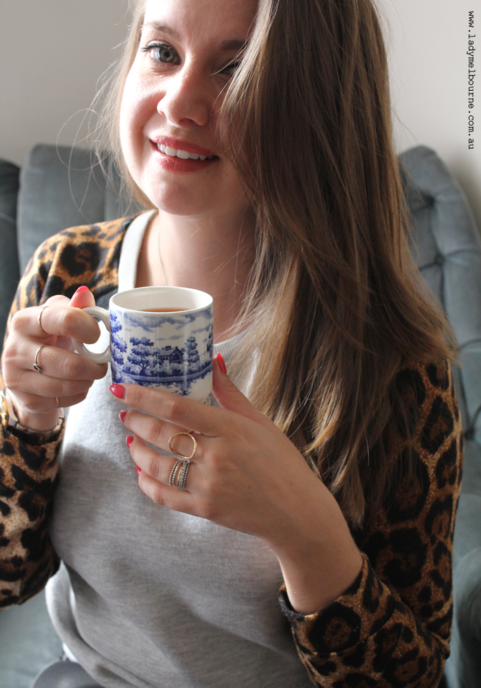 Lady Melbourne at home with hot tea
