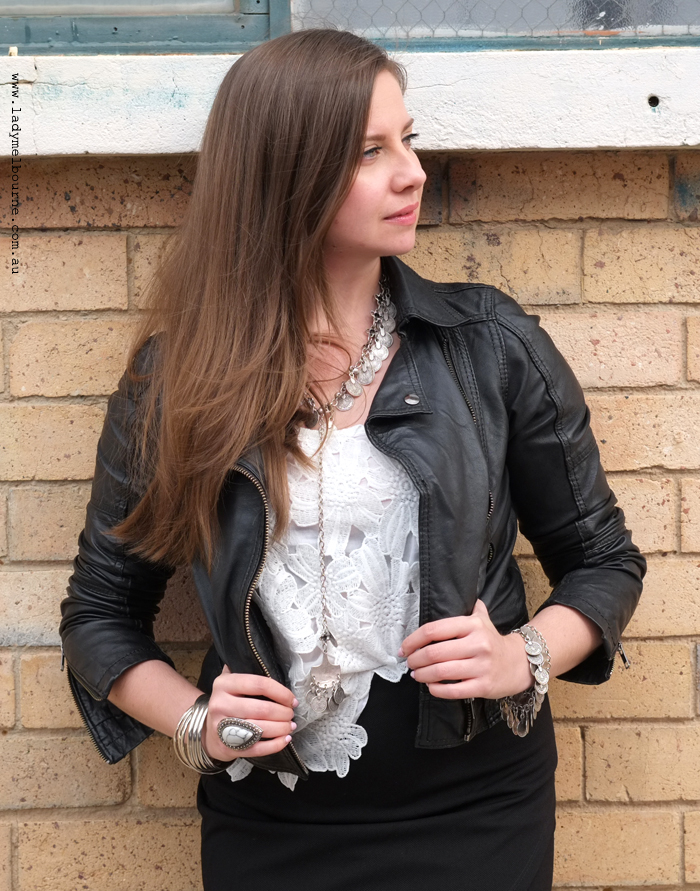 Lady Melbourne in black motorcycle jacket with silver accessories