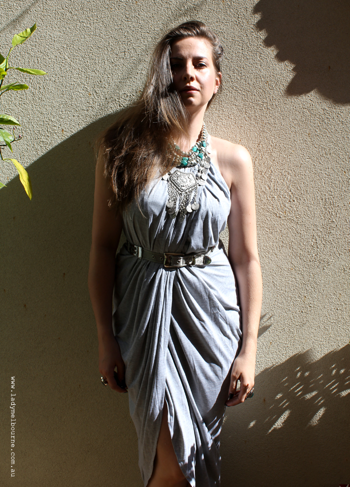 Lady Melbourne in a grey wrap dress