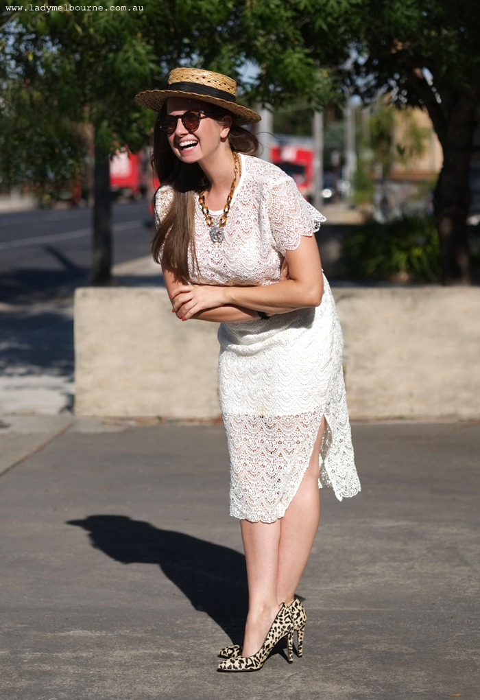 Lady Melbourne in Fame & Partners two piece lace outfit