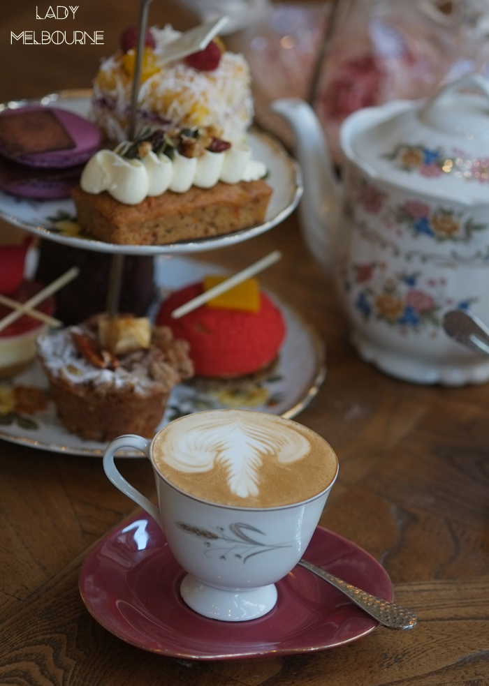 Latte and pastries at Cakes prepared by Lisa Van Zanten at Delicious espresso coffee at Retro teapot at Retro drinks trolley at Mill & Bakery at Central Pier, Docklands in Melbourne