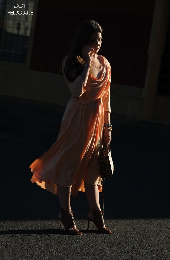 Lady Melbourne wearing a peach, silk, vintage dress with new accessoires