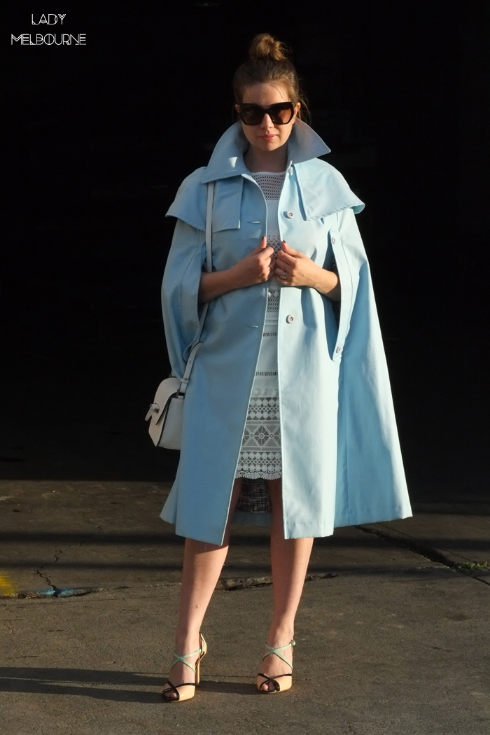 Lady Melbourne wearing a pale or light blue cape/coat