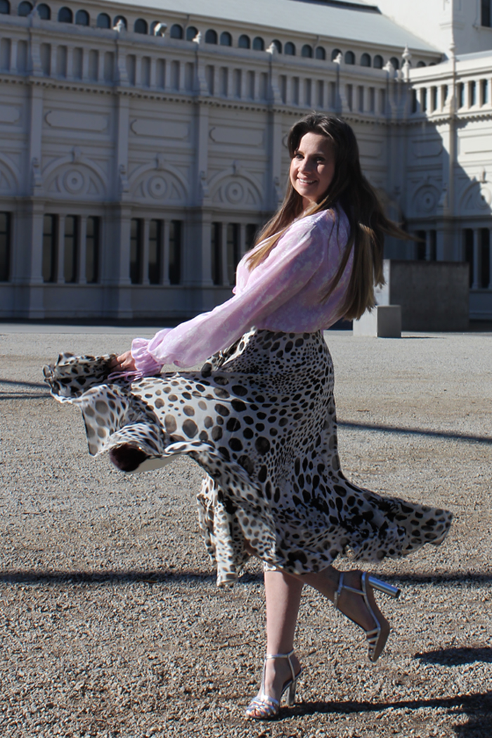 Lady Melbourne wearing Preen Line silk blouse and leopard skirt