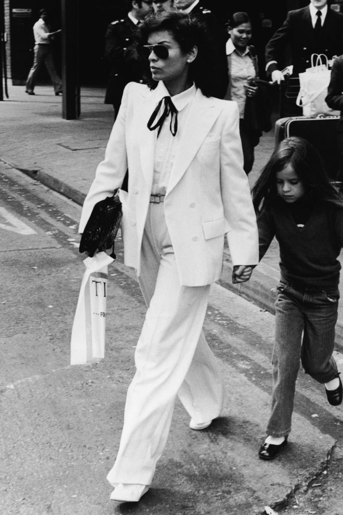 Bianca Jagger in a white suit circa 1970