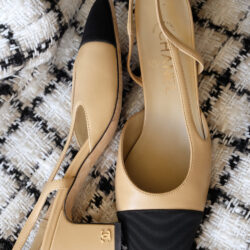 Beige and black leather Chanel sling backs